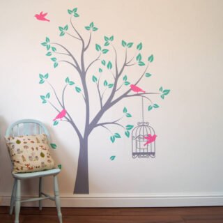 tree birds cage wall sticker