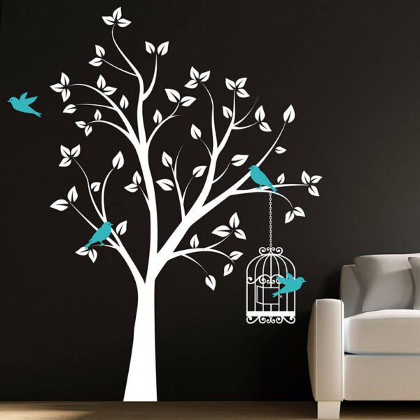 white tree birds cage wall stickers